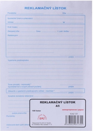 Reklamačný lístok A5